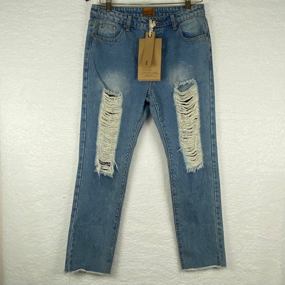 NWT POL Women's S Distressed Straight Leg Jeans Light Wash‎ Blue Raw Hem JFP133
